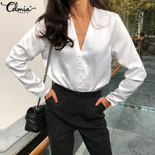 Load image into Gallery viewer, Celmia 2020 Fashion White Satin Silk Blouse Ladies Casual Long Sleeve Shirts Buttons Sexy V neck Party Tops Plus Size Blusas 5XL

