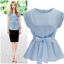 Load image into Gallery viewer, 2018 Women Fashion Shirts O-neck Sleeveless Belted Blouse Elegant Chic blue Summer Tank Top Femme Chemise High Quality
