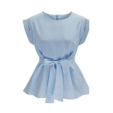 Load image into Gallery viewer, 2018 Women Fashion Shirts O-neck Sleeveless Belted Blouse Elegant Chic blue Summer Tank Top Femme Chemise High Quality
