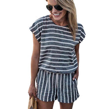 Load image into Gallery viewer, Short Sleeve Striped Print Jumpsuits For Women 2019 Fashion Backless Summer Bodysuit Overalls Combinaison Femme
