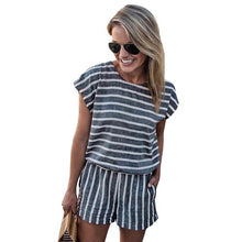 Load image into Gallery viewer, Short Sleeve Striped Print Jumpsuits For Women 2019 Fashion Backless Summer Bodysuit Overalls Combinaison Femme
