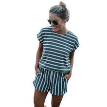 Load image into Gallery viewer, Short Sleeve Striped Print Jumpsuits For Women 2019 Fashion Backless Summer Bodysuit Overalls Combinaison Femme
