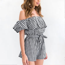 Load image into Gallery viewer, Off Shoulder Women Slim Plaid Jumpsuit  2017 Summer Beachwear Ruffles Playsuit Ladies Overalls Romper Combinaison Femme
