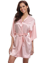 Load image into Gallery viewer, RB032 2018 New Silk Kimono Robe Bathrobe Women Silk Bridesmaid Robes Sexy Navy Blue Robes Satin Robe Ladies Dressing Gowns
