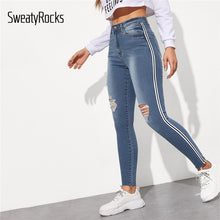 Load image into Gallery viewer, SweatyRocks Stripe Side Ripped Skinny Jeans Leisure Stretchy Long Denim Pants 2019 Spring Women Streetwear Casual Blue Jeans
