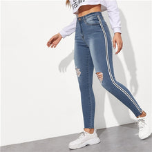 Load image into Gallery viewer, SweatyRocks Stripe Side Ripped Skinny Jeans Leisure Stretchy Long Denim Pants 2019 Spring Women Streetwear Casual Blue Jeans
