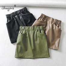 Load image into Gallery viewer, Yuuyiwa Women's double pocket elastic waist PU Faux leather skirt A-Line Above Knee Mini Women Skirts Jupe Femme Faldas Mujer
