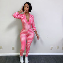 Load image into Gallery viewer, Sexy bodysuit tracksuit rompers womens jumpsuit long sleeve skinny striped print slim casual overalls combinaison femme
